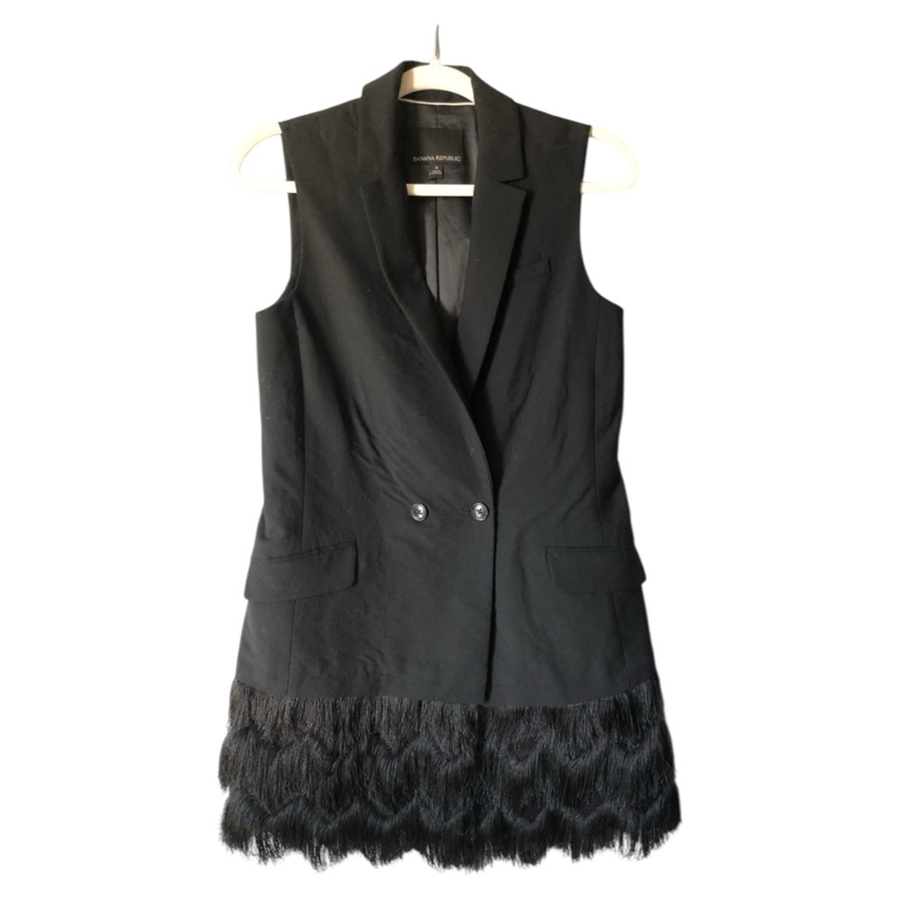 Banana Republic Sleeveless Fringe Wool Blend Long Vest Black, Sz 4 Retail $158